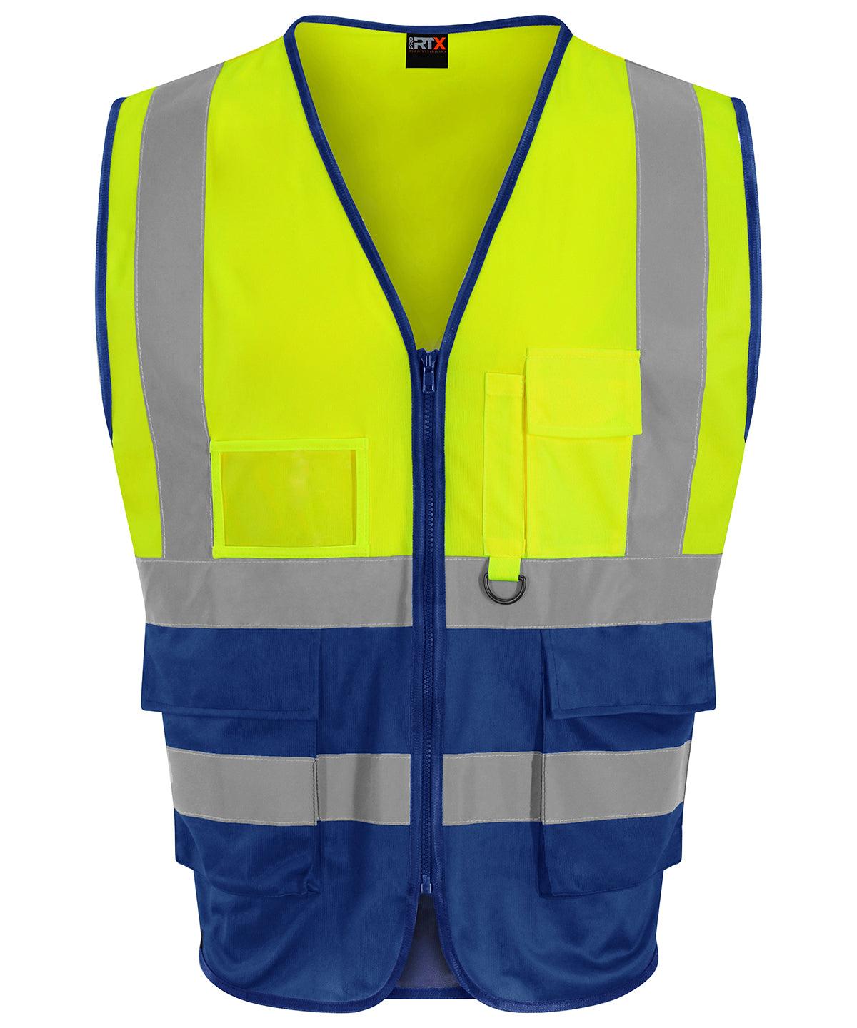 HV Yellow/Royal Blue - Executive waistcoat Safety Vests ProRTX High Visibility Plus Sizes, Safetywear, Workwear Schoolwear Centres