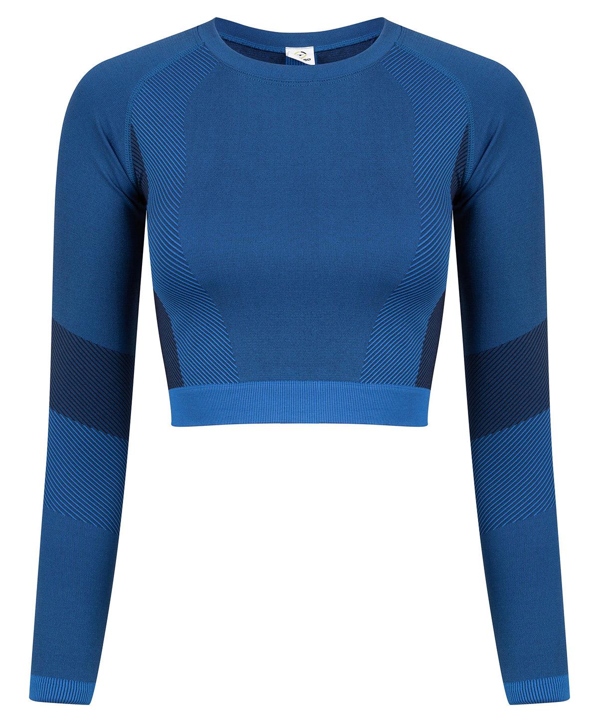 Bright Blue/Navy - Women's seamless panelled long sleeve crop top T-Shirts Tombo Activewear & Performance, Cropped, Must Haves, On-Trend Activewear, Padded Perfection, Plus Sizes, Raladeal - Recently Added, Rebrandable, Sports & Leisure, T-Shirts & Vests Schoolwear Centres