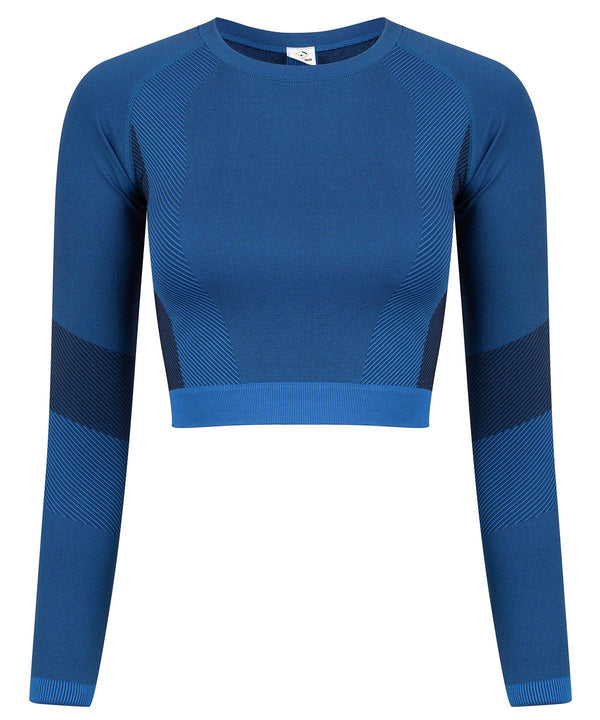 Bright Blue/Navy - Women's seamless panelled long sleeve crop top T-Shirts Tombo Activewear & Performance, Cropped, Must Haves, On-Trend Activewear, Padded Perfection, Plus Sizes, Raladeal - Recently Added, Rebrandable, Sports & Leisure, T-Shirts & Vests Schoolwear Centres