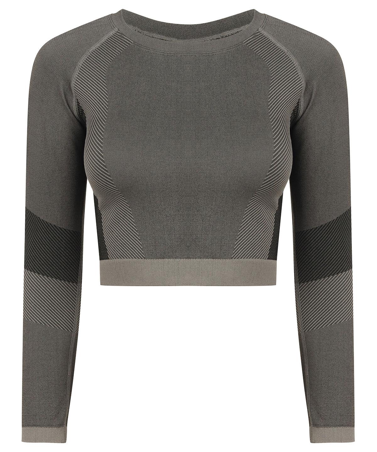 Light Grey/Black - Women's seamless panelled long sleeve crop top T-Shirts Tombo Activewear & Performance, Cropped, Must Haves, On-Trend Activewear, Padded Perfection, Plus Sizes, Raladeal - Recently Added, Rebrandable, Sports & Leisure, T-Shirts & Vests Schoolwear Centres