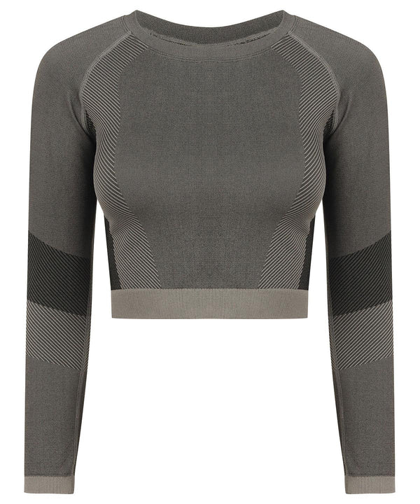 Light Grey/Black - Women's seamless panelled long sleeve crop top T-Shirts Tombo Activewear & Performance, Cropped, Must Haves, On-Trend Activewear, Padded Perfection, Plus Sizes, Raladeal - Recently Added, Rebrandable, Sports & Leisure, T-Shirts & Vests Schoolwear Centres