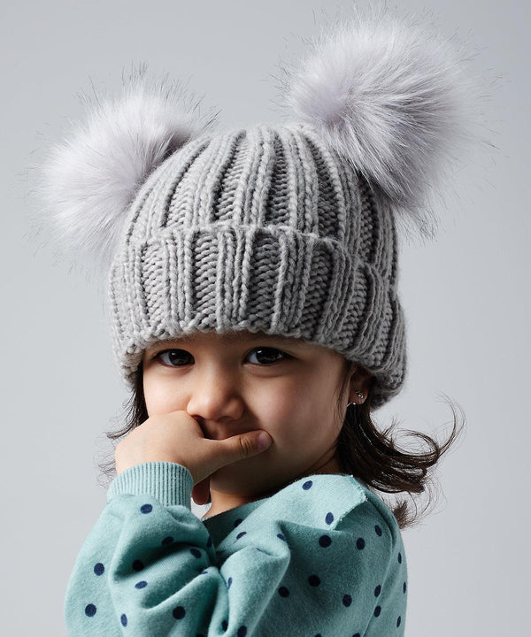 Black - Infant/junior faux fur double pom pom beanie Hats Beechfield Baby & Toddler, Directory, Gifting, Headwear, Junior, Rebrandable Schoolwear Centres