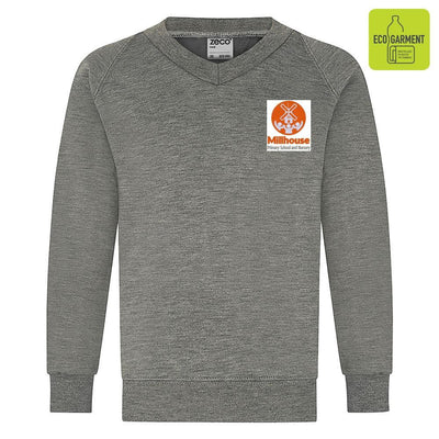 Millhouse Primary - Mid Grey V-Neck Sweatshirt Jumper with School Logo - Schoolwear Centres | School Uniform Centres