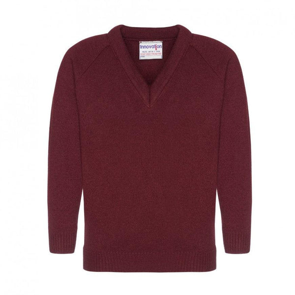Maroon Knitted Jumper with school logo
• 100% Acrylic
• Soft, low pill yarn
• 12 gauge knit
• Classic fit
• Raglan long sleeves
• Ribbed v-neck, cuffs and hem
• Does not fade