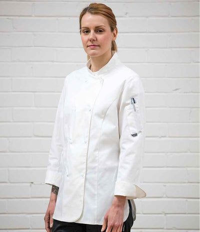 Dennys Ladies Long Sleeve Premium Chef's Jacket | White Tunic Dennys chef / kitchen accessories, Dennys Ladies Long Sleeve Premium Chef's Jacket | Black, style-de005 Schoolwear Centres