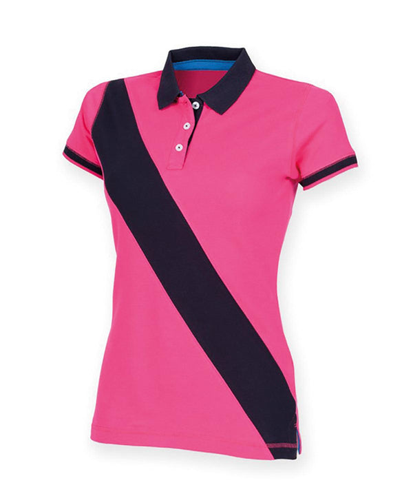 Bright Pink/Navy - Women's diagonal stripe piqué polo shirt - tag-free Polos Front Row Polos & Casual, Rebrandable, Women's Fashion Schoolwear Centres