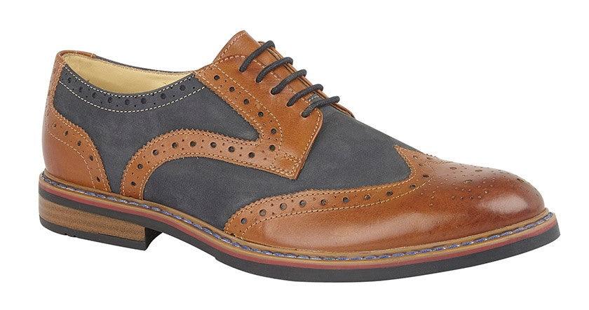 ROAMERS  5 Eye Brogue Shoe | Dark Tan/Navy Leather/Nubuck - Schoolwear Centres | School Uniforms near me