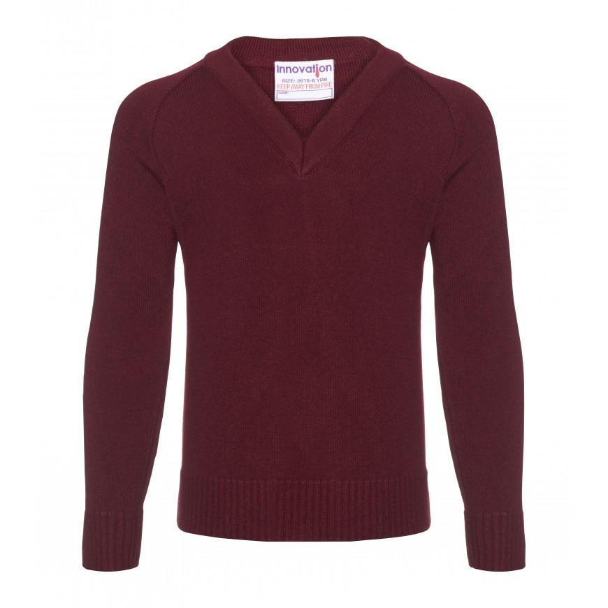 Maroon Knitted Jumper with school logo
• 100% Acrylic
• Soft, low pill yarn
• 12 gauge knit
• Classic fit
• Raglan long sleeves
• Ribbed v-neck, cuffs and hem
• Does not fade