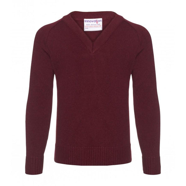 Maroon Knitted Jumper with school logo
• 100% Acrylic
• Soft, low pill yarn
• 12 gauge knit
• Classic fit
• Raglan long sleeves
• Ribbed v-neck, cuffs and hem
• Does not fade