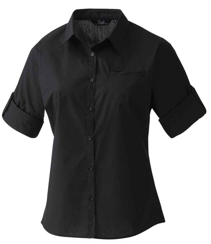 Premier Ladies Roll Sleeve Poplin Blouse | Black Blouse Premier style-pr306 Schoolwear Centres