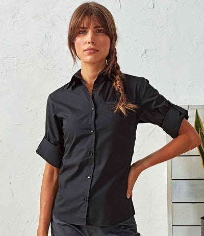 Premier Ladies Roll Sleeve Poplin Blouse | Black Blouse Premier style-pr306 Schoolwear Centres