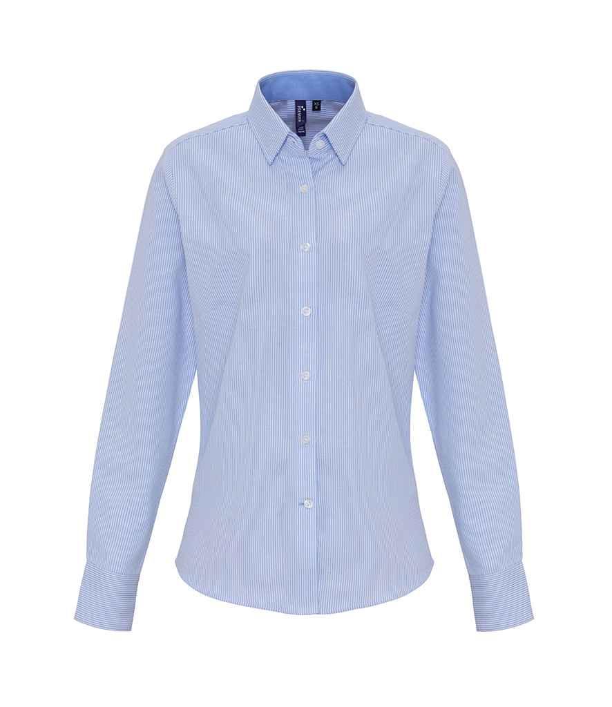 Premier Ladies Long Sleeve Striped Oxford Shirt | White/Oxford Blue Shirt Premier style-pr338 Schoolwear Centres