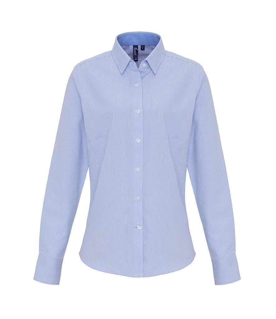 Premier Ladies Long Sleeve Striped Oxford Shirt | White/Oxford Blue Shirt Premier style-pr338 Schoolwear Centres