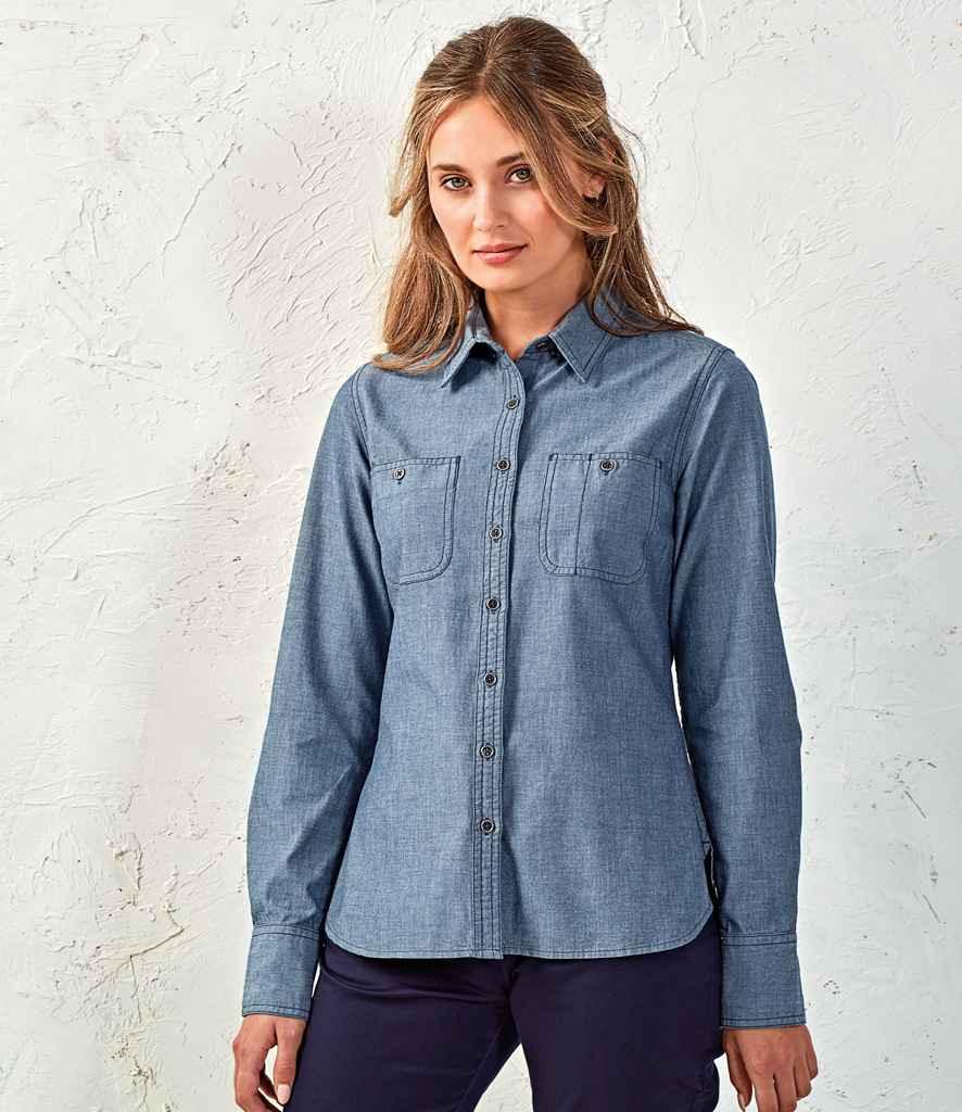 Premier Ladies Organic Fairtrade Certified Long Sleeve Chambray Shirt | Indigo Denim Shirt Premier style-pr347 Schoolwear Centres