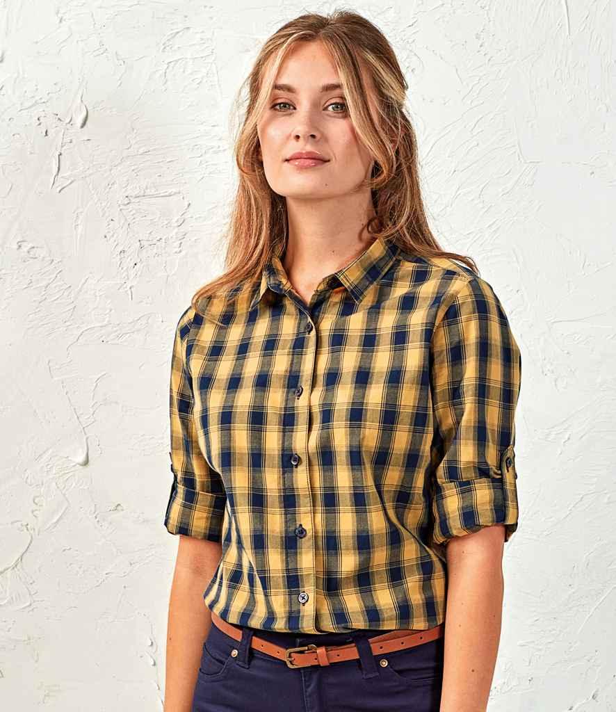 Premier Ladies Mulligan Check Long Sleeve Shirt | Camel/Navy Shirt Premier style-pr350 Schoolwear Centres