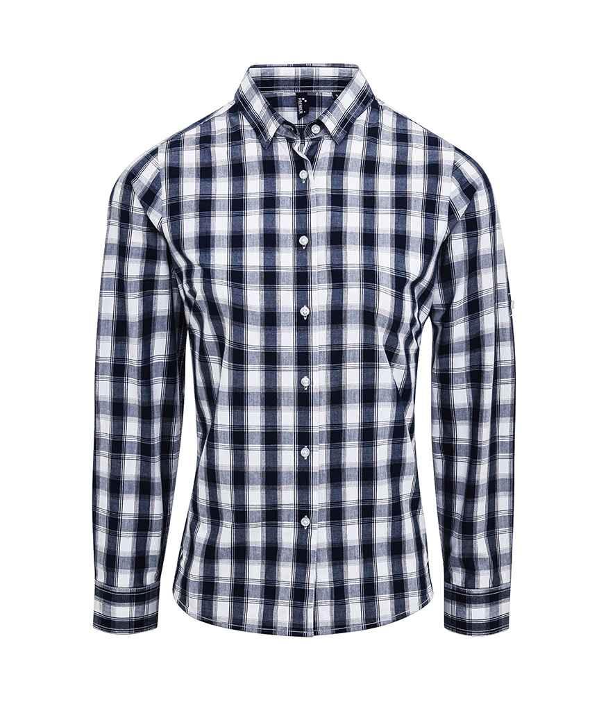 Premier Ladies Mulligan Check Long Sleeve Shirt | White/Navy Shirt Premier style-pr350 Schoolwear Centres