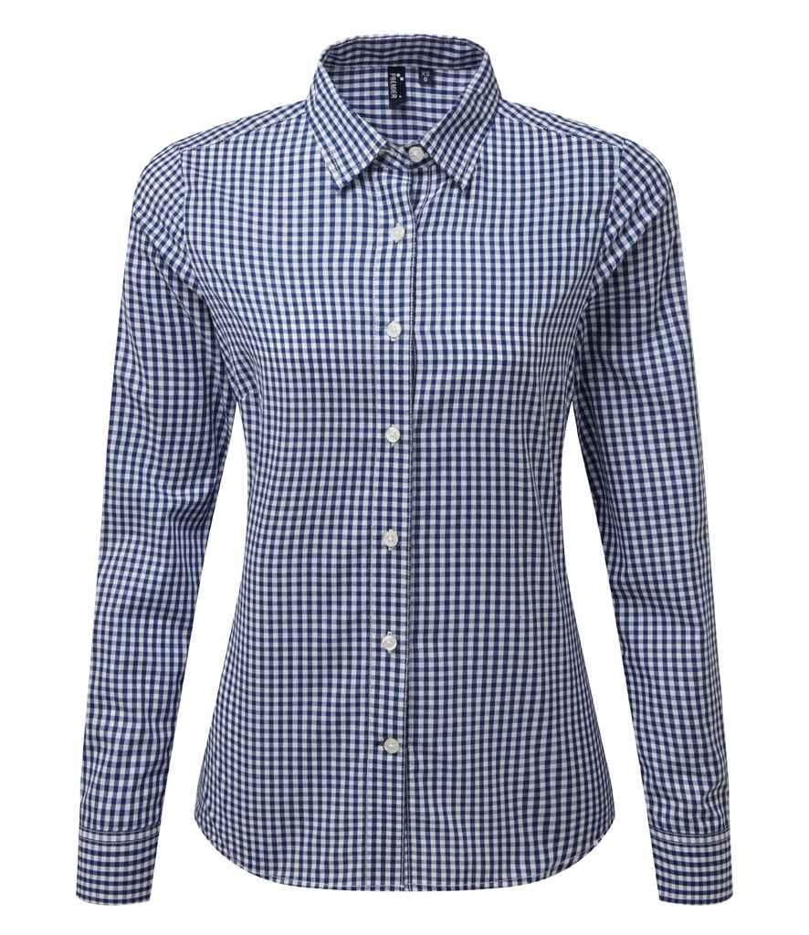 Premier Ladies Maxton Check Long Sleeve Shirt | Navy/White Shirt Premier style-pr352 Schoolwear Centres