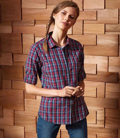 Premier Ladies Sidehill Check Long Sleeve Shirt | Navy/Red Shirt Premier style-pr356 Schoolwear Centres