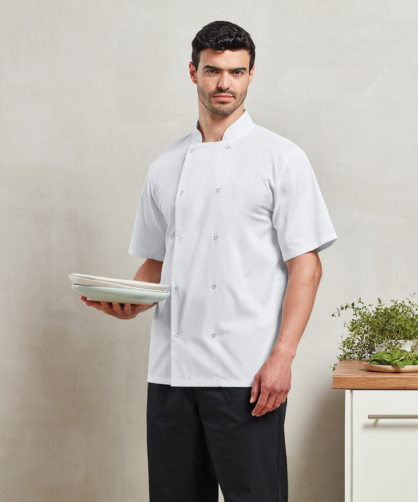 Studded front short sleeve chef's jacket
