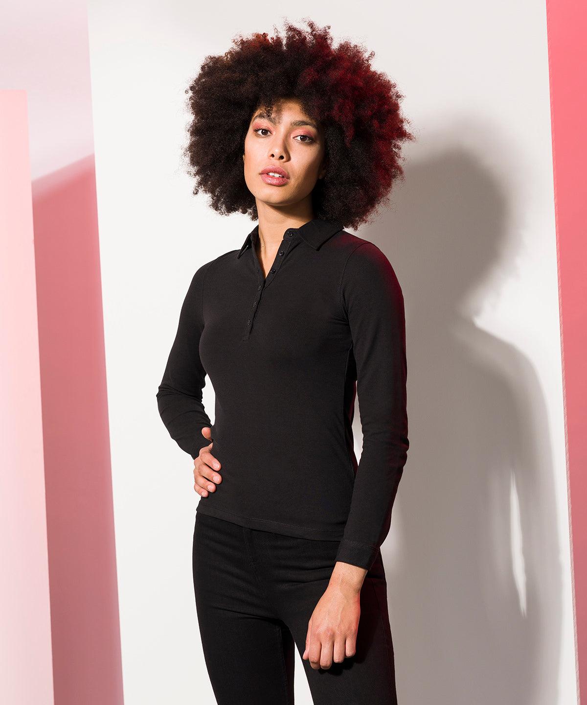 Black - Women's long sleeve stretch polo Polos SF Polos & Casual, Raladeal - Recently Added, Rebrandable, Women's Fashion Schoolwear Centres