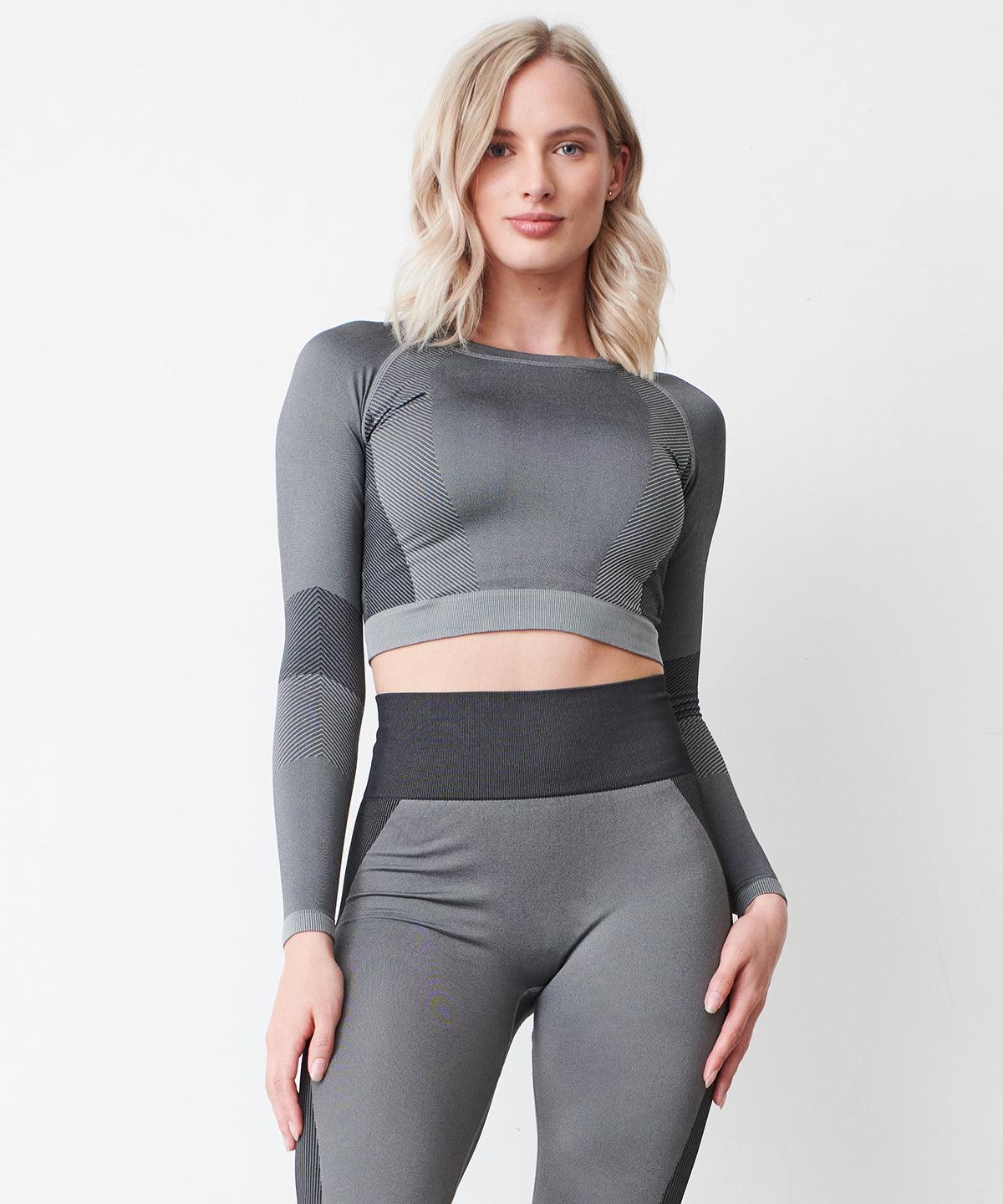 Light Grey/Black - Women's seamless panelled long sleeve crop top T-Shirts Tombo Activewear & Performance, Cropped, Must Haves, On-Trend Activewear, Padded Perfection, Plus Sizes, Raladeal - Recently Added, Rebrandable, Sports & Leisure, T-Shirts & Vests Schoolwear Centres