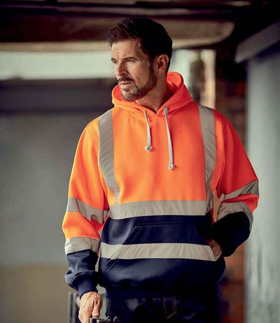Yoko Hi-Vis Pull Over Hoodie | Orange/Navy Hood Yoko hi-vis, Hi-vis Adult, Hi-vis Reflective Border Kids Waistcoat, Hi-vis Tops, Hi-Viz Premium P.E. Bag, style-yk031, workwear, Yoko Schoolwear Centres