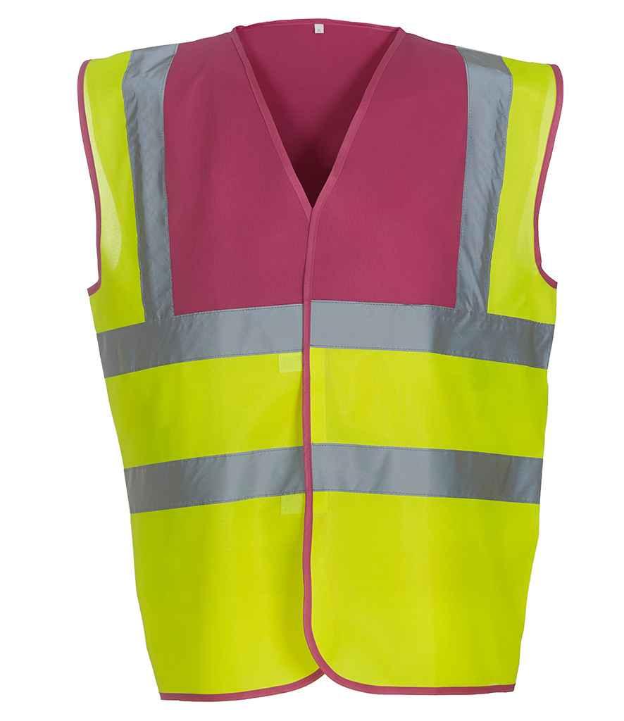 Yoko Hi-Vis Two Band and Braces Waistcoat | Raspberry/Yellow Waistcoat Yoko hi-vis, Hi-vis Adult, Hi-vis Reflective Border Kids Waistcoat, Hi-vis Tops, Hi-Viz Premium P.E. Bag, style-yk102, workwear, Yoko Schoolwear Centres