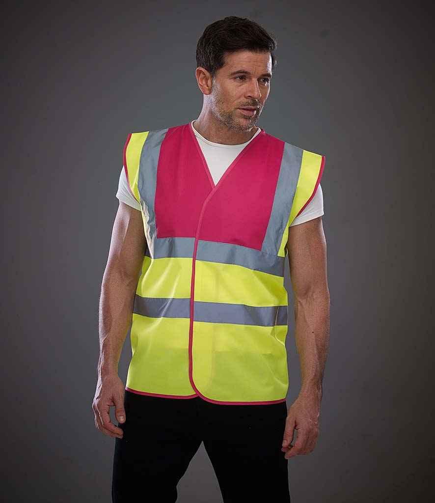 Yoko Hi-Vis Two Band and Braces Waistcoat | Raspberry/Yellow Waistcoat Yoko hi-vis, Hi-vis Adult, Hi-vis Reflective Border Kids Waistcoat, Hi-vis Tops, Hi-Viz Premium P.E. Bag, style-yk102, workwear, Yoko Schoolwear Centres