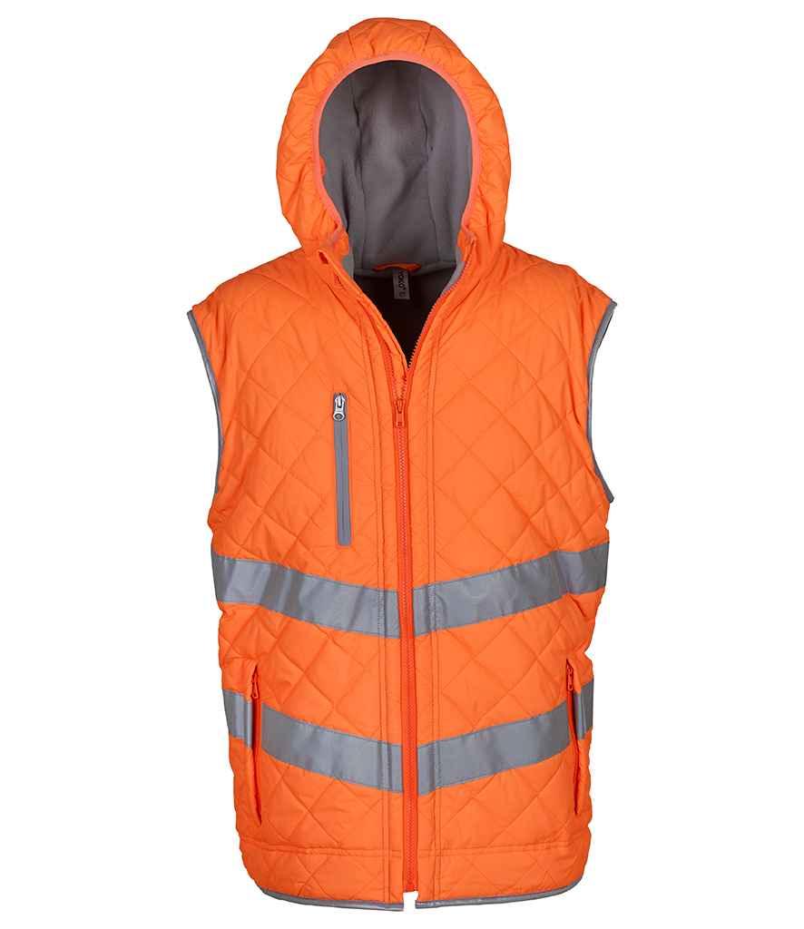 Yoko Hi-Vis Kensington Hooded Gilet | Orange Gilet Yoko hi-vis, Hi-vis Adult, Hi-vis Reflective Border Kids Waistcoat, Hi-vis Tops, Hi-Viz Premium P.E. Bag, style-yk216, workwear, Yoko Schoolwear Centres