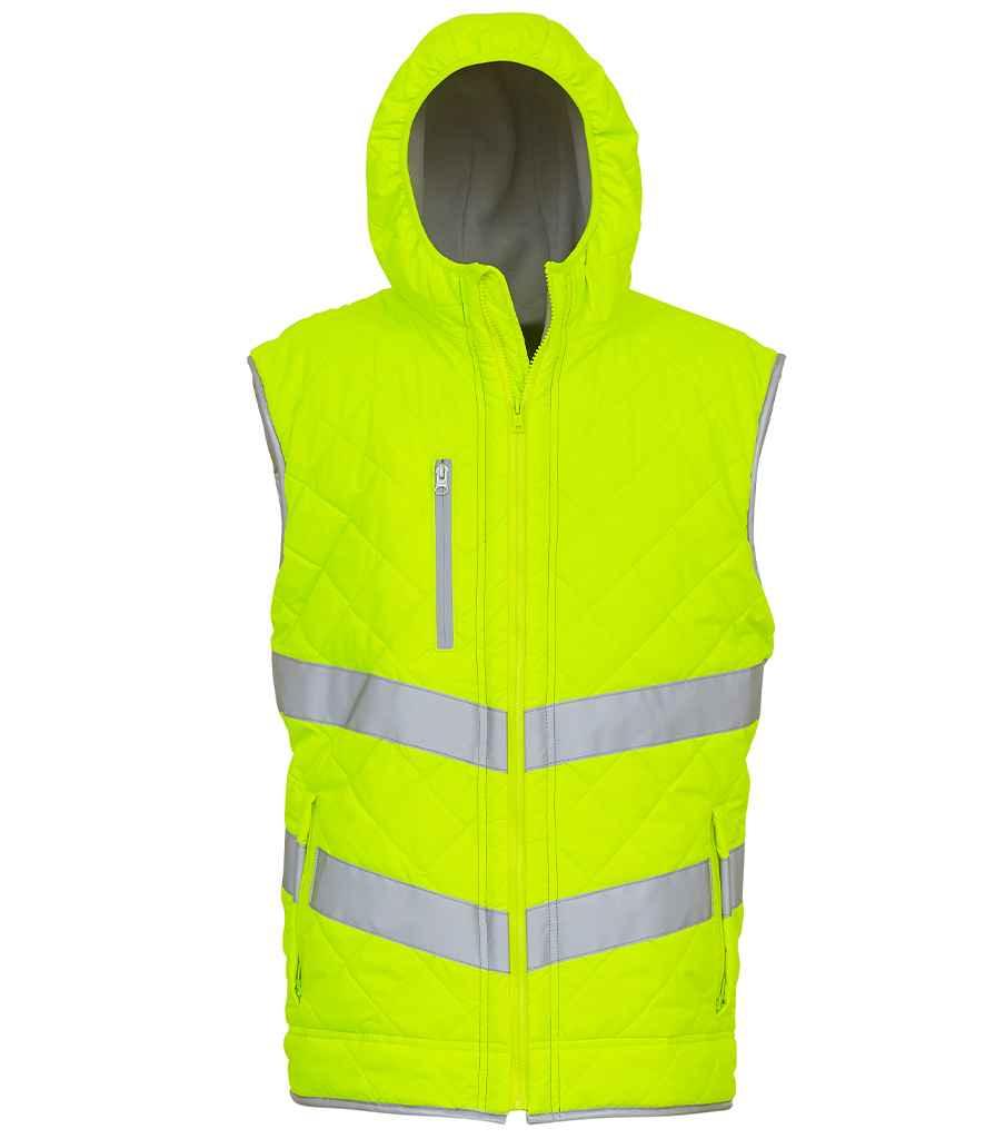 Yoko Hi-Vis Kensington Hooded Gilet | Yellow Gilet Yoko hi-vis, Hi-vis Adult, Hi-vis Reflective Border Kids Waistcoat, Hi-vis Tops, Hi-Viz Premium P.E. Bag, style-yk216, workwear, Yoko Schoolwear Centres
