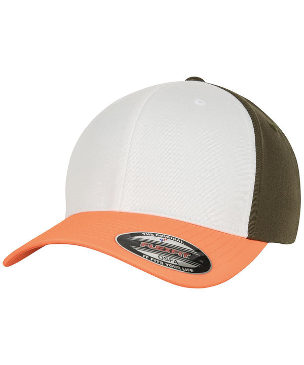 Neon Orange/White/Olive - 3-tone Flexfit (6277TT) Caps Flexfit by Yupoong Headwear Schoolwear Centres