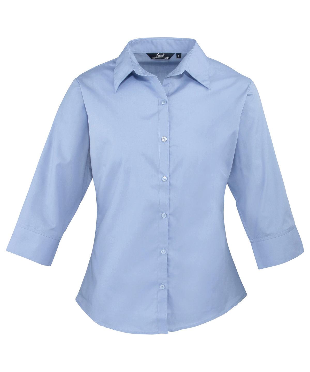 Premier Ladies 3/4 Sleeve Poplin Blouse | Mid Blue Shirt Schoolwear Centres Schoolwear Centres